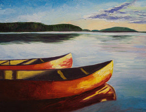 Oil painting of two red canoes